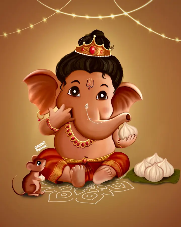 Illustration of baby Ganpati with modaks and a mouse