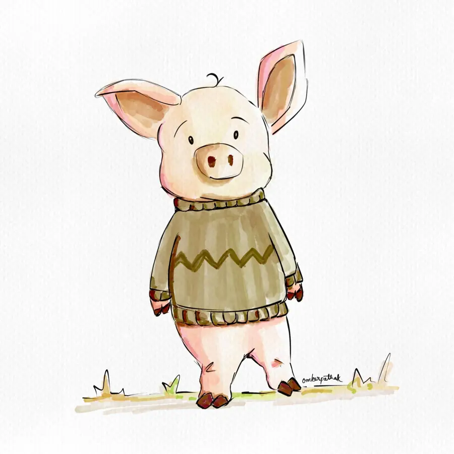 Watercolour sketch of a pig in a sweater